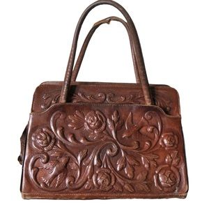 Genuine Leather Hand Tooled Embossed Mexican Vintage Handbag Birds Flowers